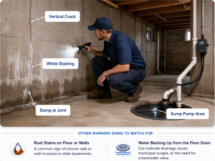 Basement inspector examining wall with callouts showing vertical crack, white staining, damp at joint, and sump pump area